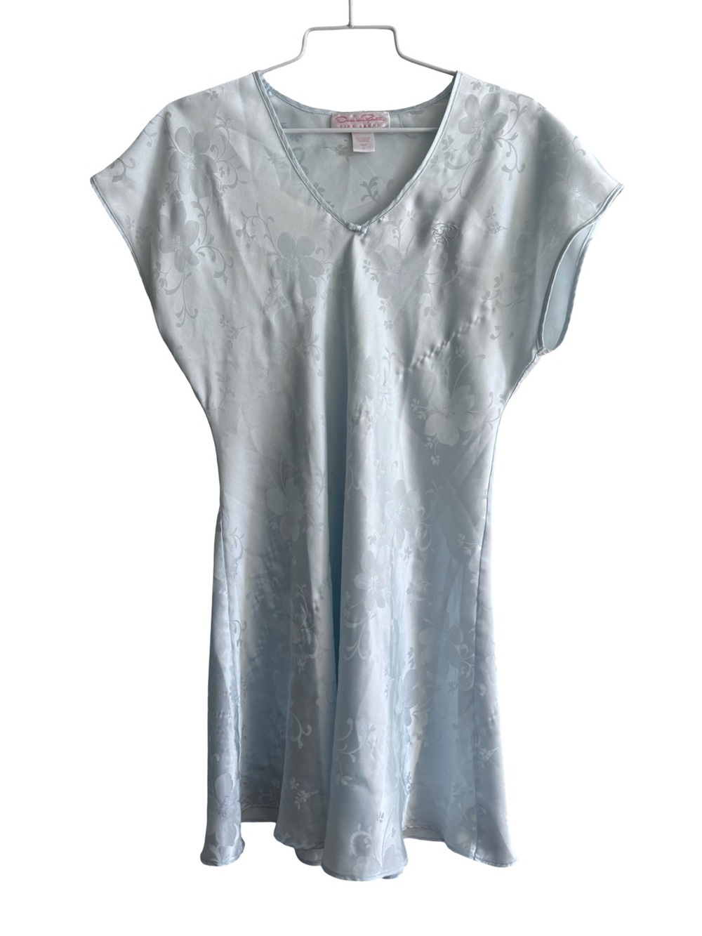 Vintage Oscar de la Renta Light Blue Floral Satin Nightgown Size Small